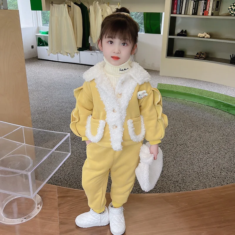 Children Winter Clothing Sets for Baby Girls Coats Pants Cartoon Rabbit Kids Clothes Outfits Thickened Plush Infant Tracksuits