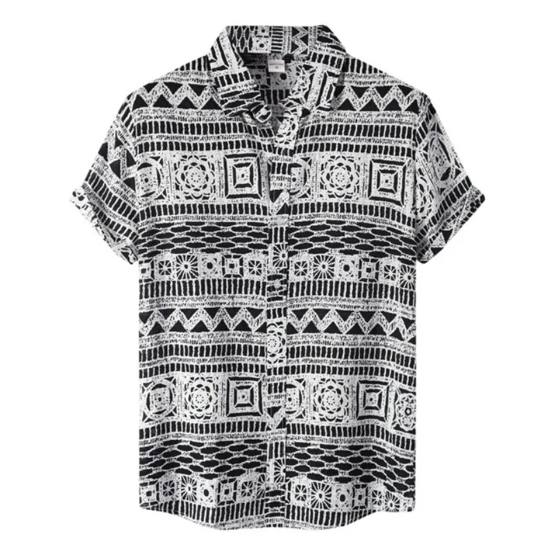 Ethnic style men\'s shirt Leisure beach breathable button shirts Outdoor street fashion short sleeved men\'s lapel Hawaiian tops