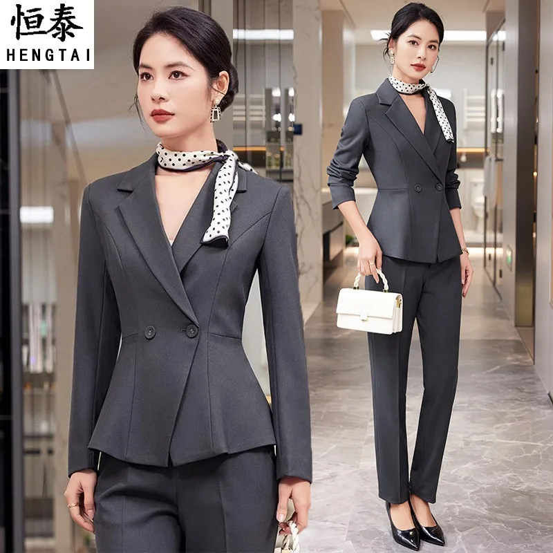 

Серый женский костюм, комплект2025Новая высококачественная весенне-осенняя профессиональная элегантная рабочая одежда, куртка для салона красоты