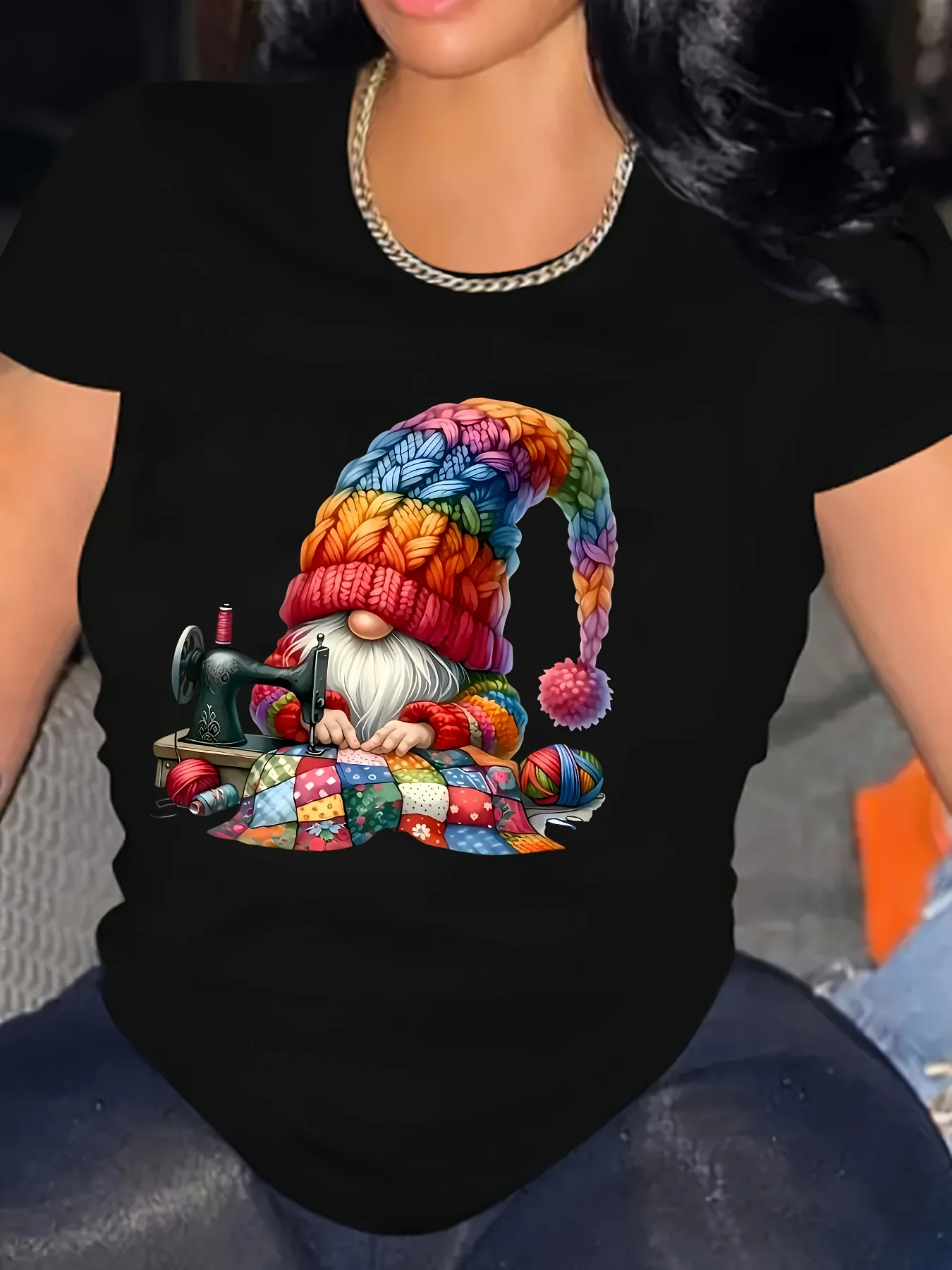 تي شيرت نسائي برسومات بطانية قوس قزح لعيد الميلاد - قميص صيفي أسود كاجوال بأكمام قصيرة Harajuku بأكمام قصيرة كاجوال