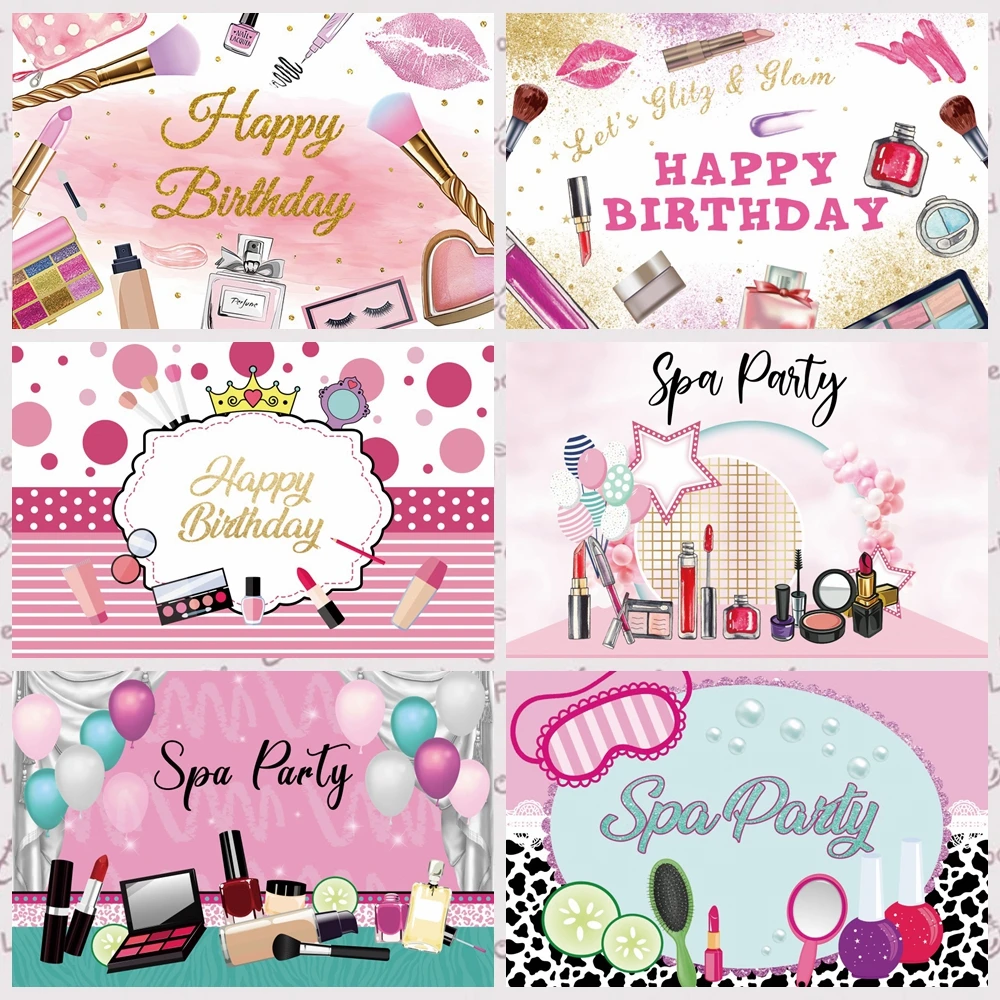 Makeup Birthday Backdrop for Girls Makeup Spa Glamour Cosmetics Theme Birthday Party Decorations Photo Background