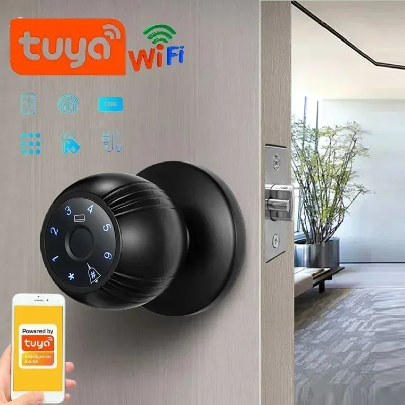 Tuya WIFI APP Remote Unlock Smart Door Lock Ball Door Lock Fingerprint Password IC Card /NFC Key Unlock Electronic Door Lock