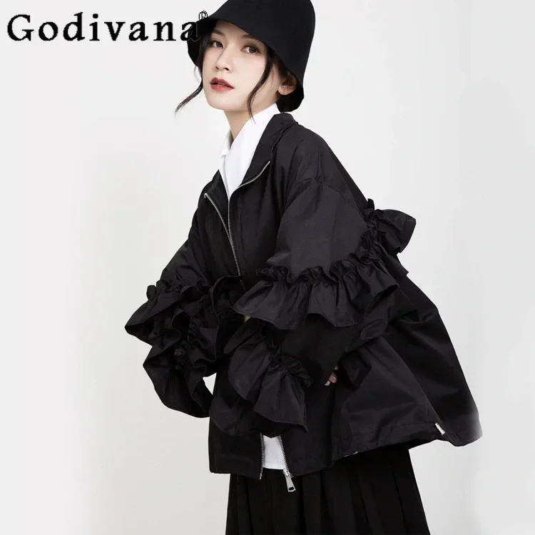 

Japanese Style Classic Black Coat Women's Fungus Edge Puff Sleeves Loose with Zipper Jacket Ladies Clothes Spring and Autumn