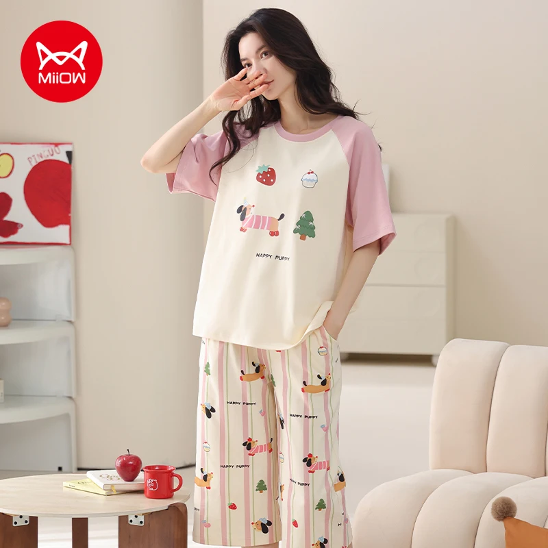 

MiiOW 2Pcs Summer Women's Pajamas Set Cotton Short Sleeve Woman Homewear Cute Pink Patchwork Print Girls Pajamas Woman Sleepwear