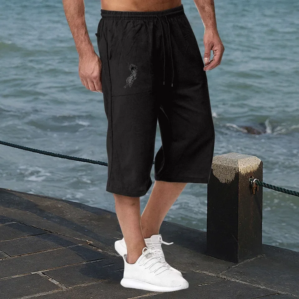 

Vintage Print Summer Shorts For Men Street Casual Shorts Drawstring Breathable Quick-Dry Gym Running Sport Black Long Shorts
