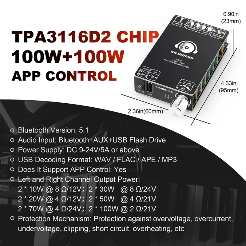 ZK-1002S Placa Amplificadora Bluetooth, 100W + 100W, 12-24V, Tensão Ampla, Suporta USB, Entrada 3.5mm, Módulo de Áudio