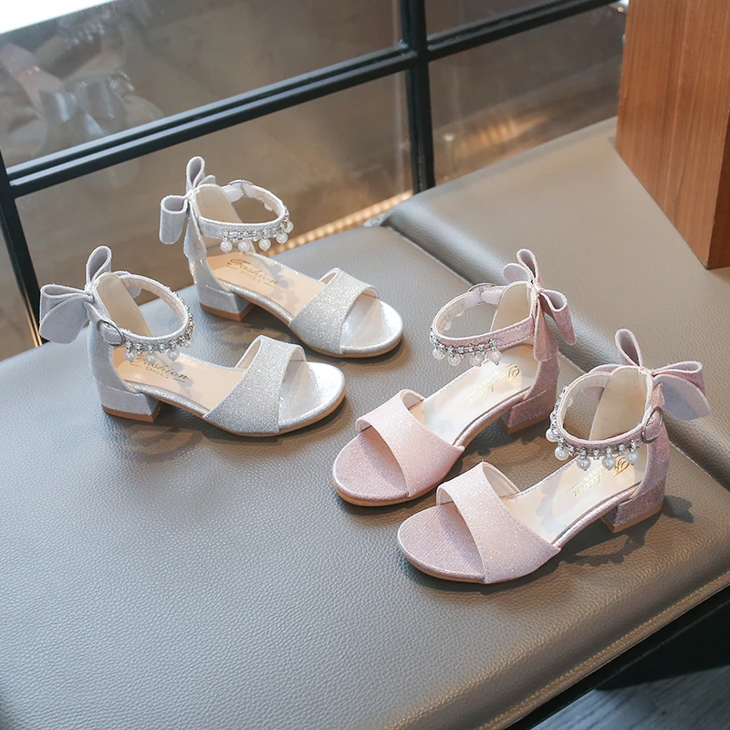 Children's Fashionable Open-Toe Sandals Rhinestone Bow Performance Shoes for Girls Ages 3–18 High-heeled Shoes for Kids Sandals