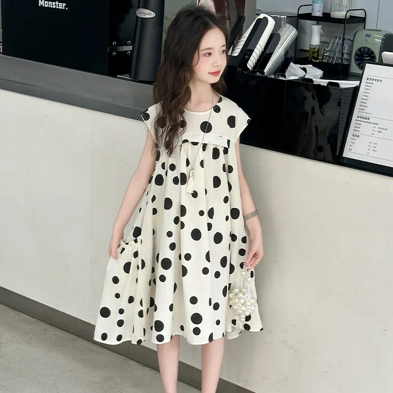 Girls' Dress Breathable Cotton Skirt 2025 Summer New Polka Dot Refreshing Korean Temperament Big Children's Princess Skirt