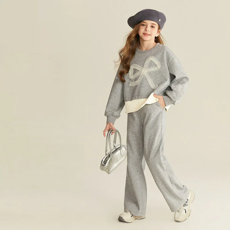 Girls Stylish Cotton Crop Patchwork Pullover Sweatshirt+Sweatpant Set School Kids 2PCS Tracksuit Children Jogging Outfit  987