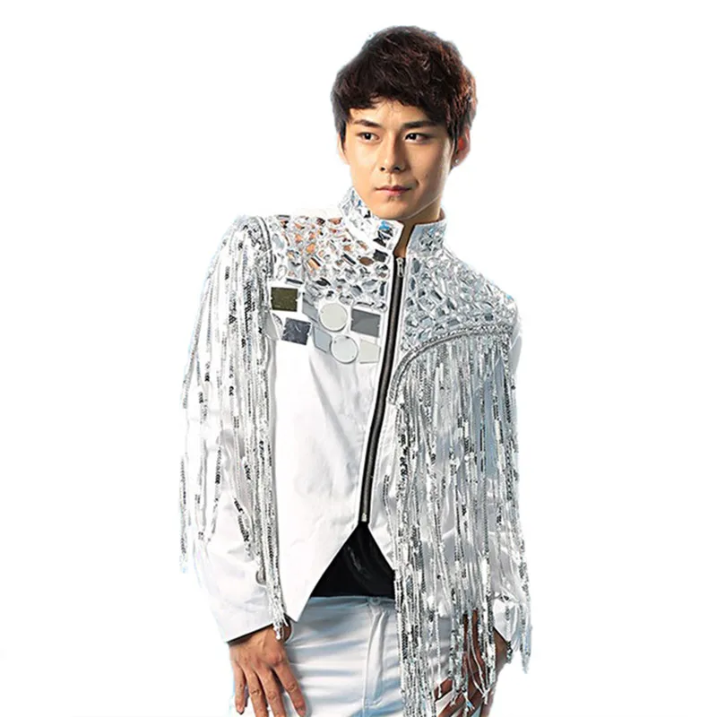 Fashion Cool Sequins Tassel Men's Blazers Black Red White Rhinestones Coat Drummer Rock Singer Stage Performance Jacket Cosume view 2