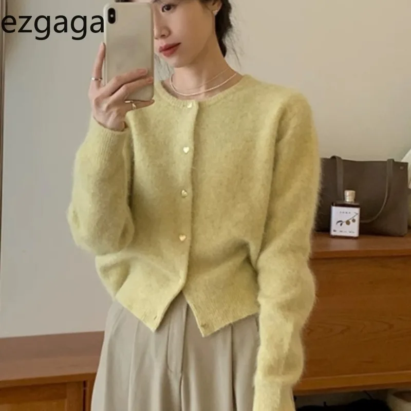 Ezgaga Knitted Cardigan Women Elegant Sweet Autumn Winter Solid Loose Single Breasted Outwear Sweater Female Tops Casual