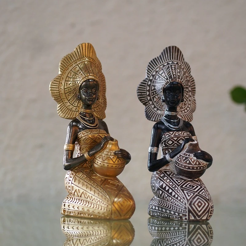 Retro African Black Women Statue Figurine Ornaments Home Foyer Wine Cabinet Study Room Desktop Decor Resin Crafts Sculpture Gift
