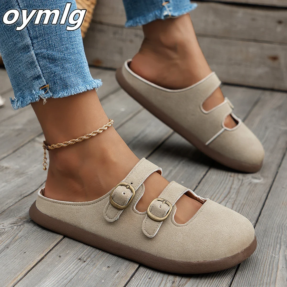 Baotou slippers for women, 2024 summer new fashionable flat bottomed lazy retro belt buckle hollow out