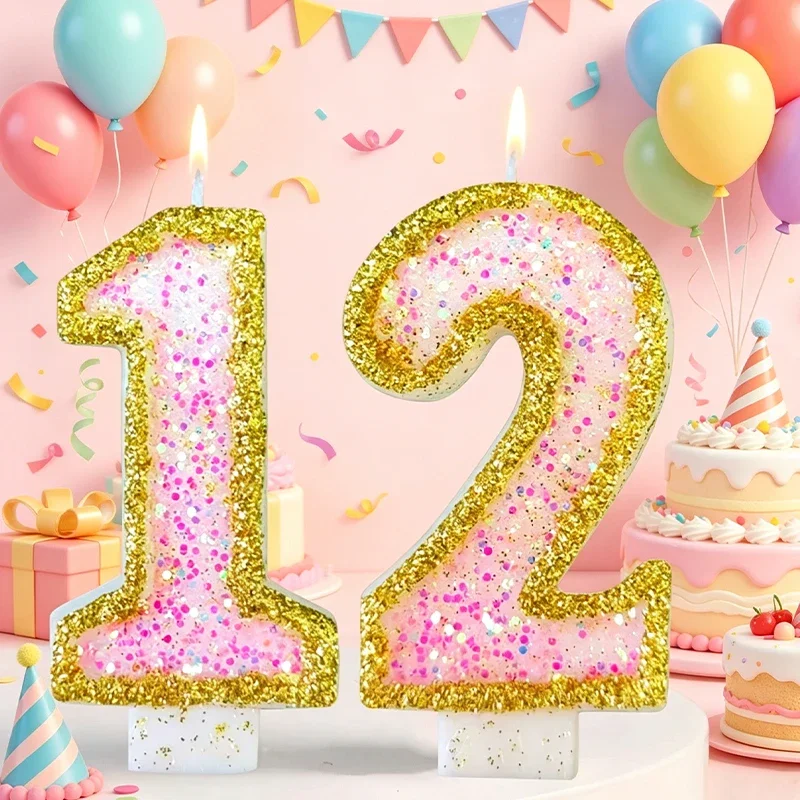 Gold glitter pink glitter digital birthday candles 0-9 digital cake topper, birthday cake decoration