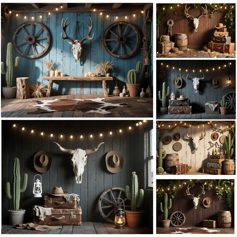 

Western Cowboy Photography Background Cowboy Party Hat Cactus Wine Barrel Treasure Adult Portrait Decoration Photo Studio Props
