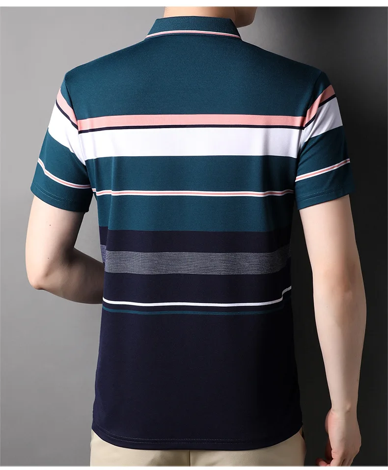 Summer New Smart Casual Korean Thin Short Sleeve Polo Shirts Men Panelled Lapel Button Patchwork Print Stripes Fashion Loose Top