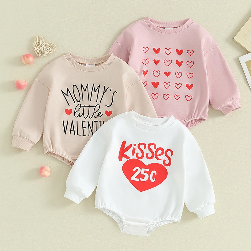 

2023-11-13 Lioraitiin 0-18M Newborn Baby Girls Valentine's Day Clothes Long Sleeve Romper Round Neck Letter Heart Print Jumpsuit