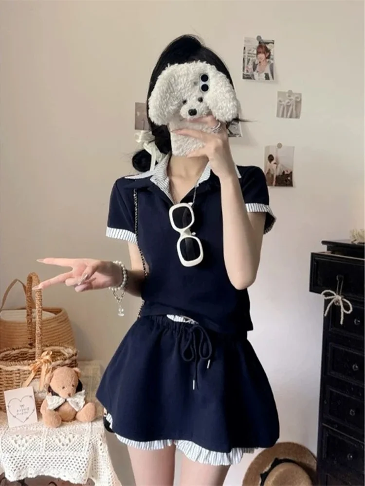 

Женский летний комплект из топа и юбки в корейском стиле, повседневный, модный, в студенческом стиле, размеры в ассортименте