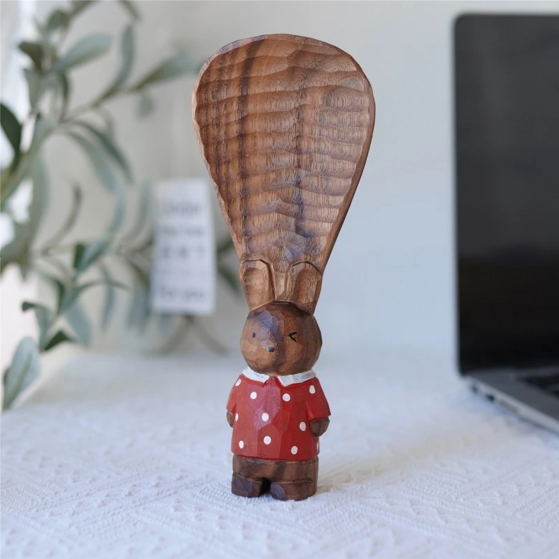 Rabbit rice spoon black walnut wood carving cute handmade standing rice spoon