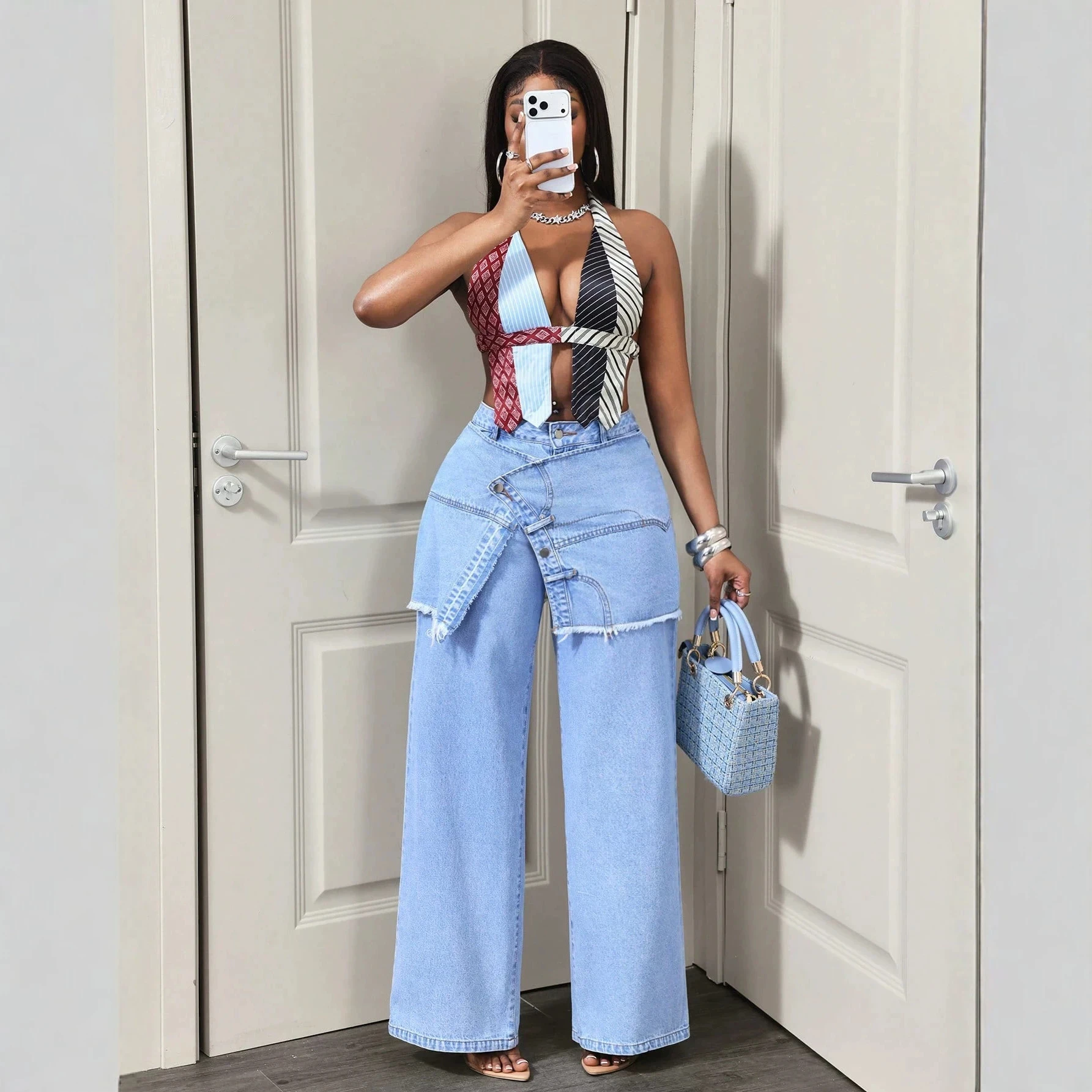 Women High Waist Wide Leg Jeans Fake Pocket Flip Design Loose Straight Floor Length Denim Pants Street Trendy Lady Trousers