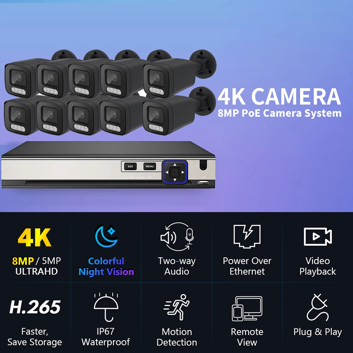 FULL Color 8MP 4K Human Detect Security Camera System POE NVR Kit CCTV Video Record Two Way Audio Surveillance Camera Xmeye