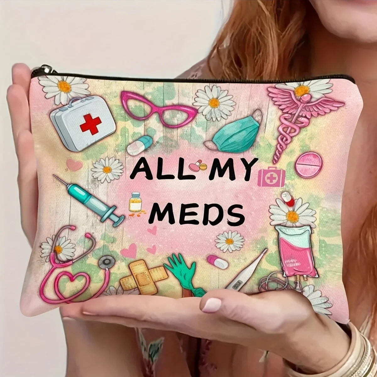 A All My Meds Makeup Bag-Cute Multifunctional Zipper Bag for Women, Jewelry Storage Bag, Perfect Travel Zipper Small Storage Bag