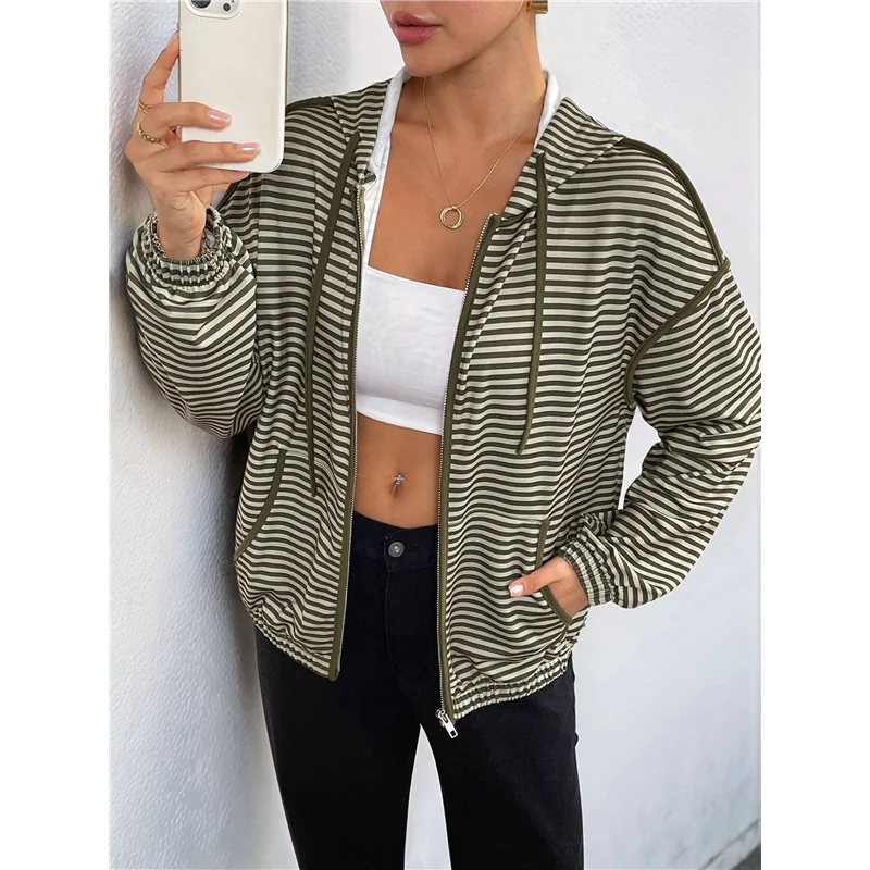 

ABRT-1PCS Striped Hooded Jacket Women Summer Loose Thin Cardigan Small Size Long Sleeve Top