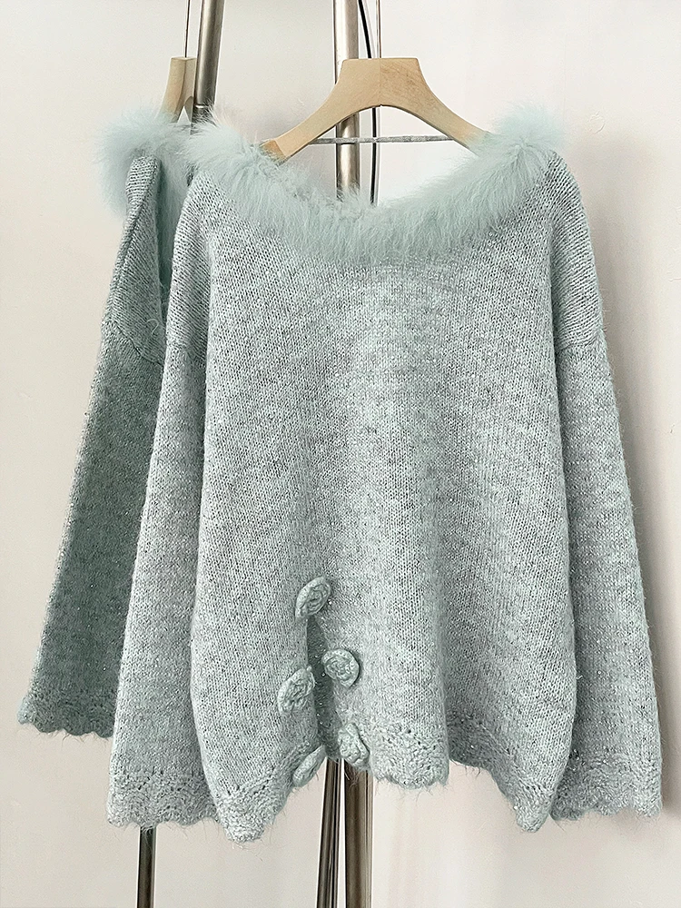 Women 2025 Flowers Bow Knit Pullovers Jacket New Spring Autumn Loose Sequins Clothes Female Real Fox Fur Back-length Sweater