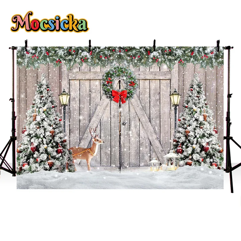 Mocsicka Photography Background Winter Christmas Xmas Tree Elk Snow Decor Backdrop Kid Birthday Cake Smash Photo Banner Studio