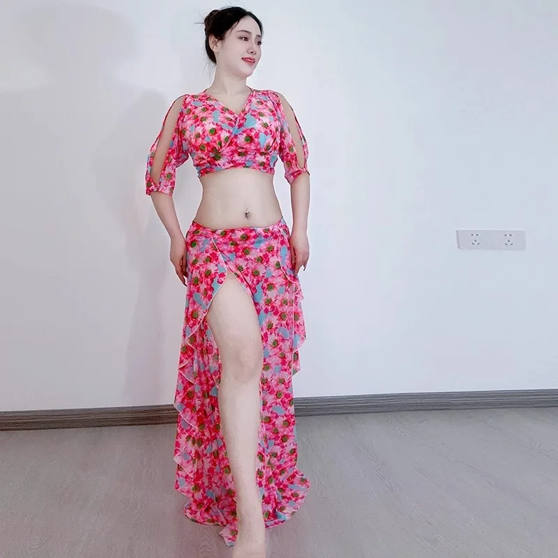 Traje de dança do ventre oriental personalizado, vestido de prática estampado, malha elegante, sexy, saia rabo de peixe ocidental, vestido de equipe de performance