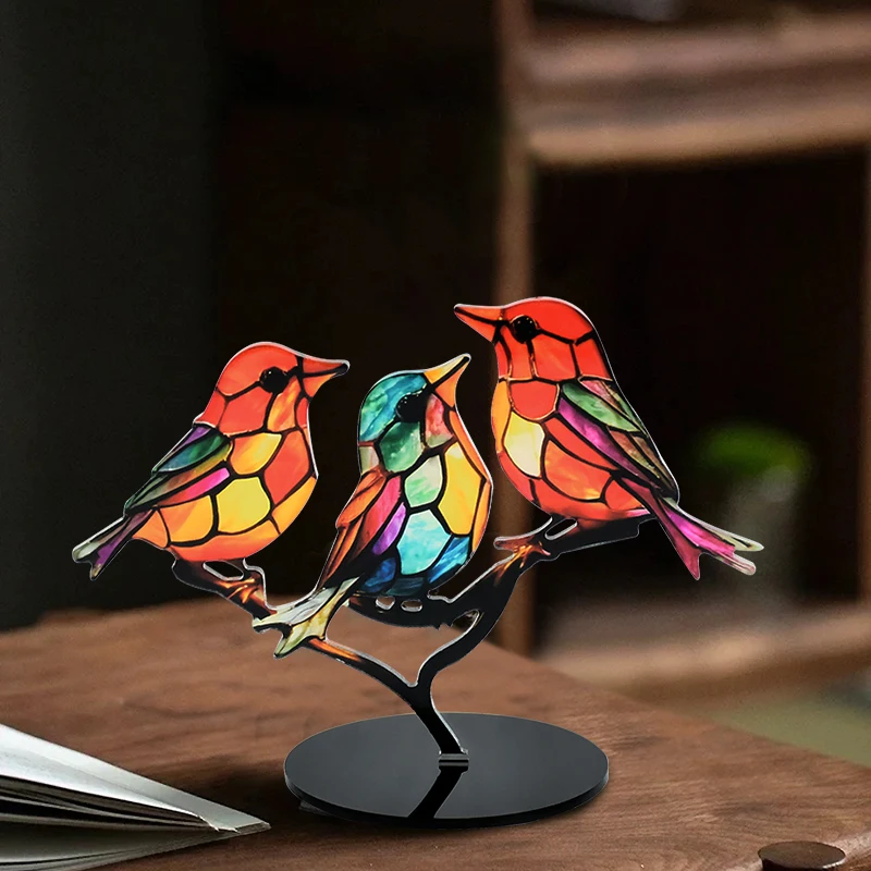 1PC Multicolor Birds Stained Acrylic Birds on Branch Desktop Ornaments Double Sided Decorations Figurine Animal Art Decor Crafts