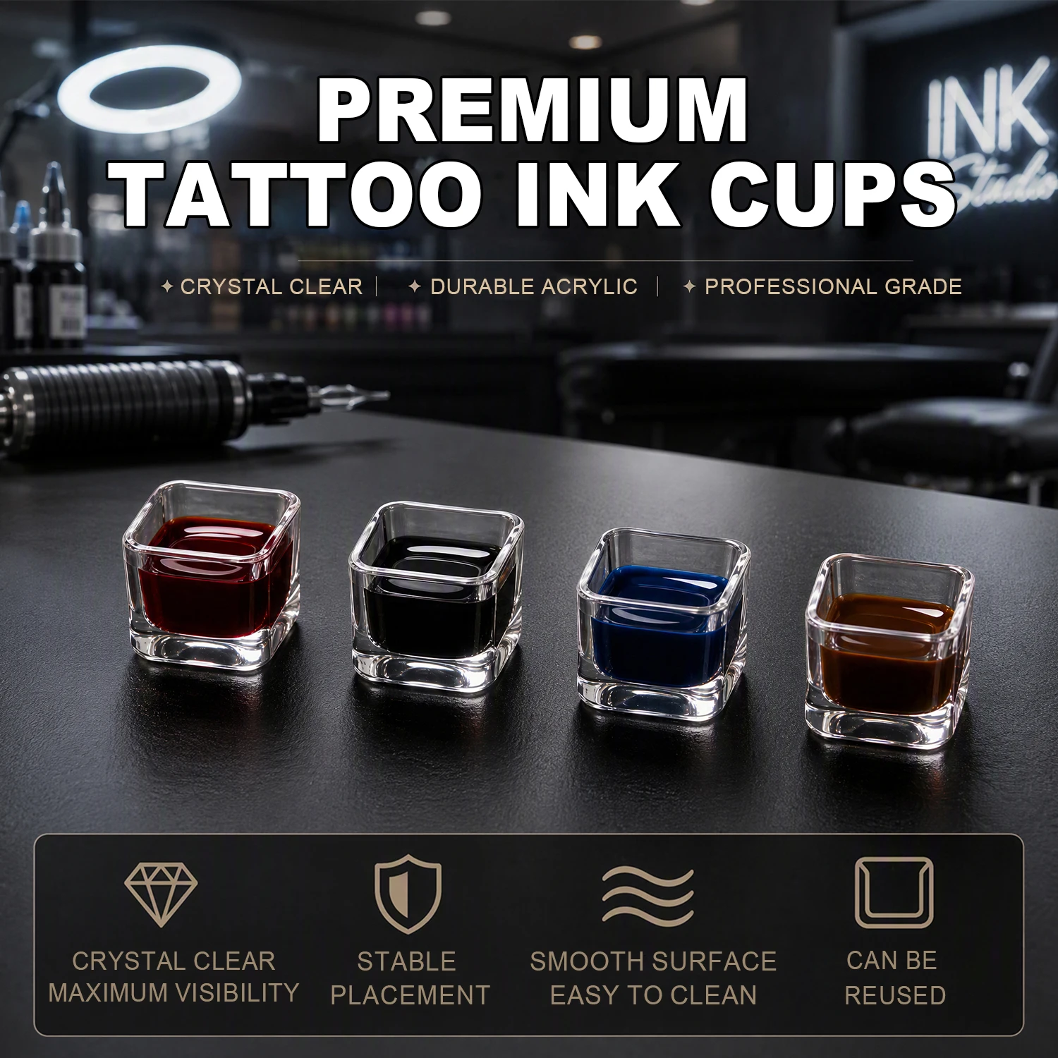 Reusable Square Tattoo Ink Cups Crystal Clear Acrylic Tattoo Pigment Cup Easy Clean For Tattoo Artist Permanent Makeup Accessori