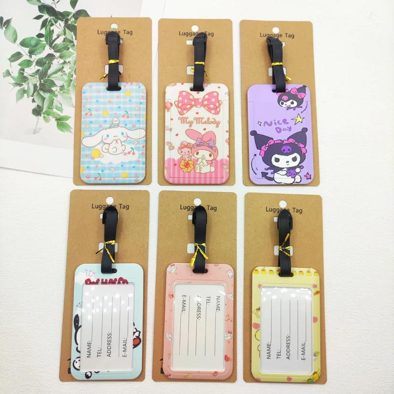 سلسلة سانريو ملصق الأمتعة الرائع علامة الأمتعة اللطيفة للأطفال حقيبة معرف عنوان حامل الأمتعة الصعود حقيبة محمولة تذكرة