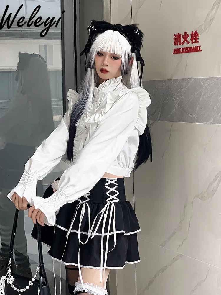 2024 Autumn Gothic Girl Outfits Elegant Long Sleeve Ruffles White Shirt Japanese Punk Style Bandage Cake Short Skirt 2 Piece Set