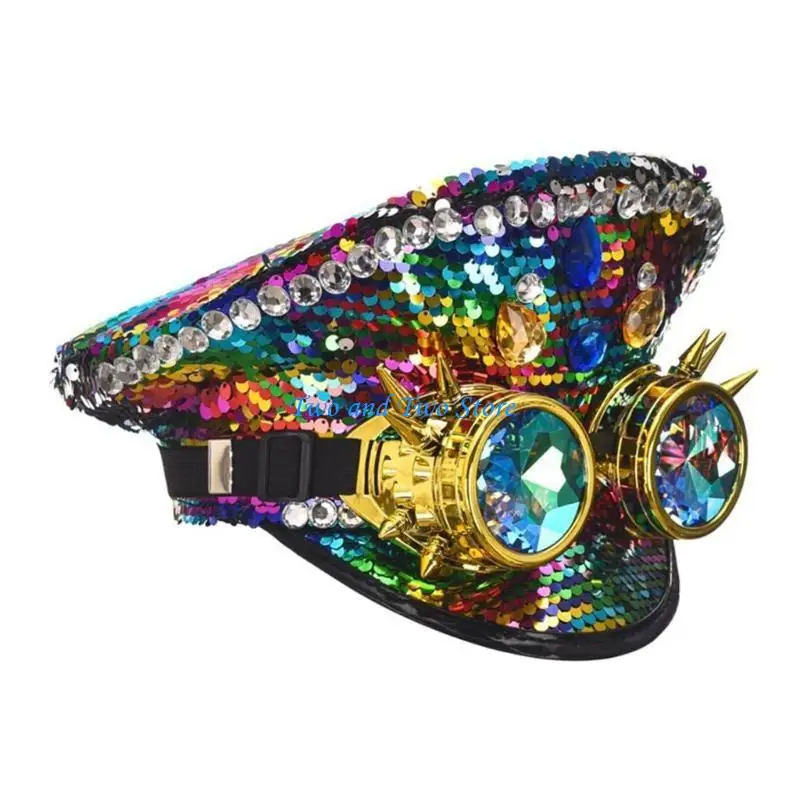 HX6F Shimmering Captain Hat for Adult Glittering Sequin Cap for Bachelorette Party Music Festival Carnival Show Costume Hat