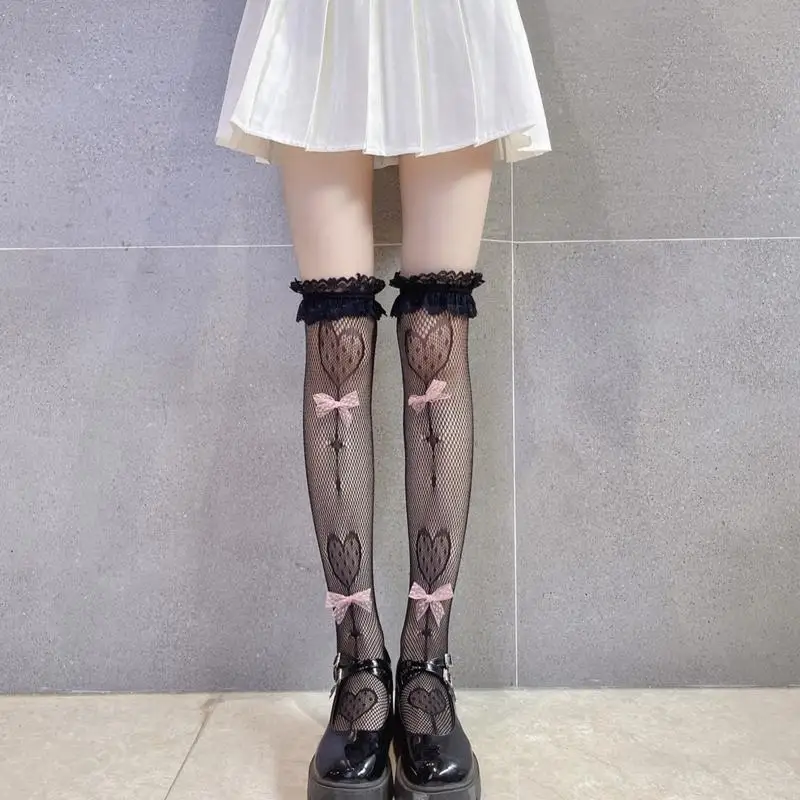 195E النساء لوليتا شبكة صيد السمك فوق جوارب الركبة القلب مصاصة الجاكار جوارب Bowknot
