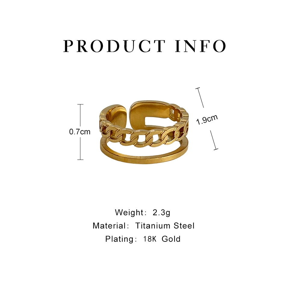 Peri'sBox Punk 2 Layers Hollow Oval Chain Ring For Women Gold Color Trendy Adjustable Opening Ring Hip Hop Simple Geometric Ring image 6