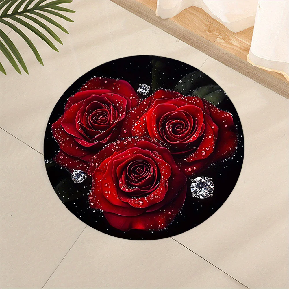 Red Roses Round Rug Flannel Romantic Flower Design Floor Mat for Valentine’s Day Wedding Anniversary Home Decor Luxury Gift