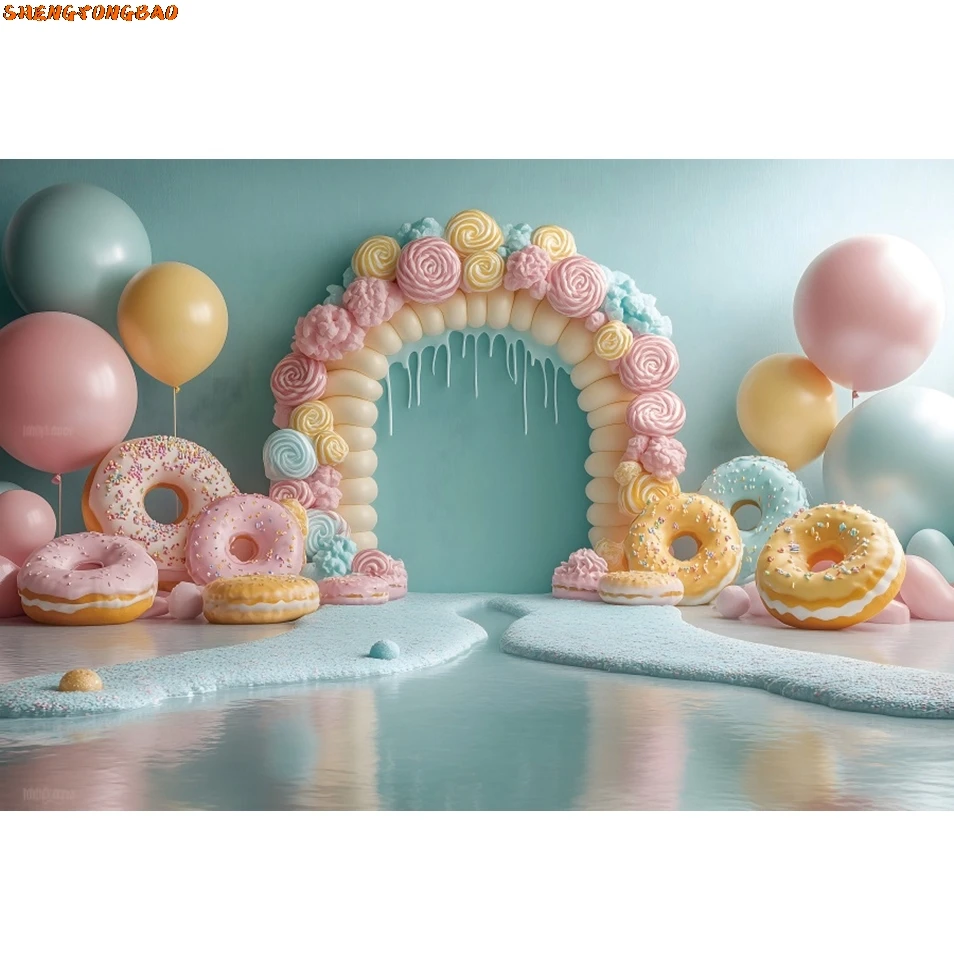 Sweet Dessert Backdrop Donuts Arch Balloons Pink Baby Shower Girls Birthday Party Photography Background Decor Photo Studio Prop