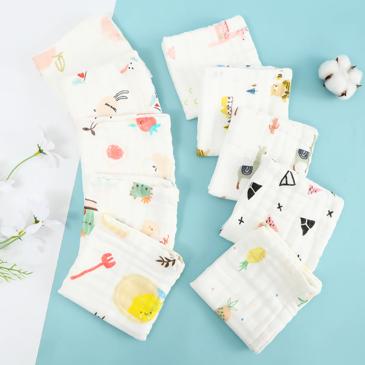 

Random pattern 5 pieces pure cotton gauze baby baby face towel six-layer high-density square towel soft absorbent towel set