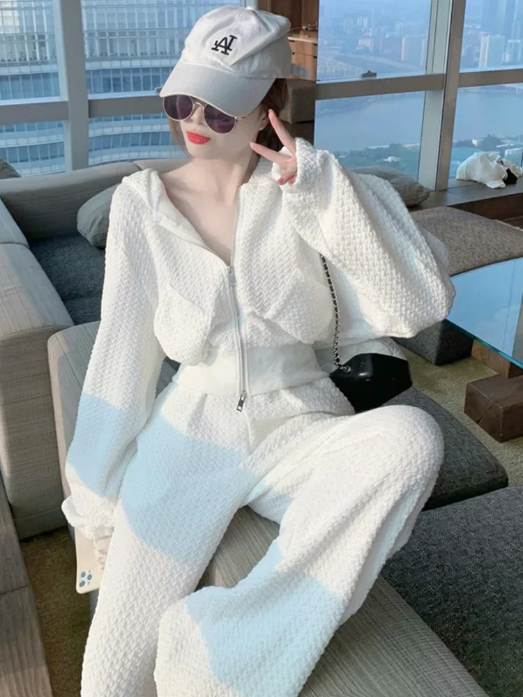 Long Sleeved Zipper Overcoat Casual Wide Leg Pants Suit Two Piece Sets Women Sports Outfits 2023 Autumn Clothing Streetwear