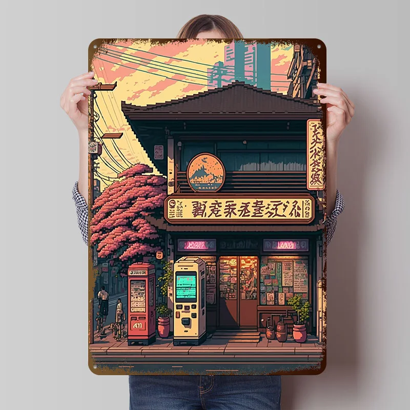 Japan Pixel Art Tinplate Posters Customizable Wall Art Retro Vintage Metal Signs for Home Room Garage Decoration Aesthetic Cozy