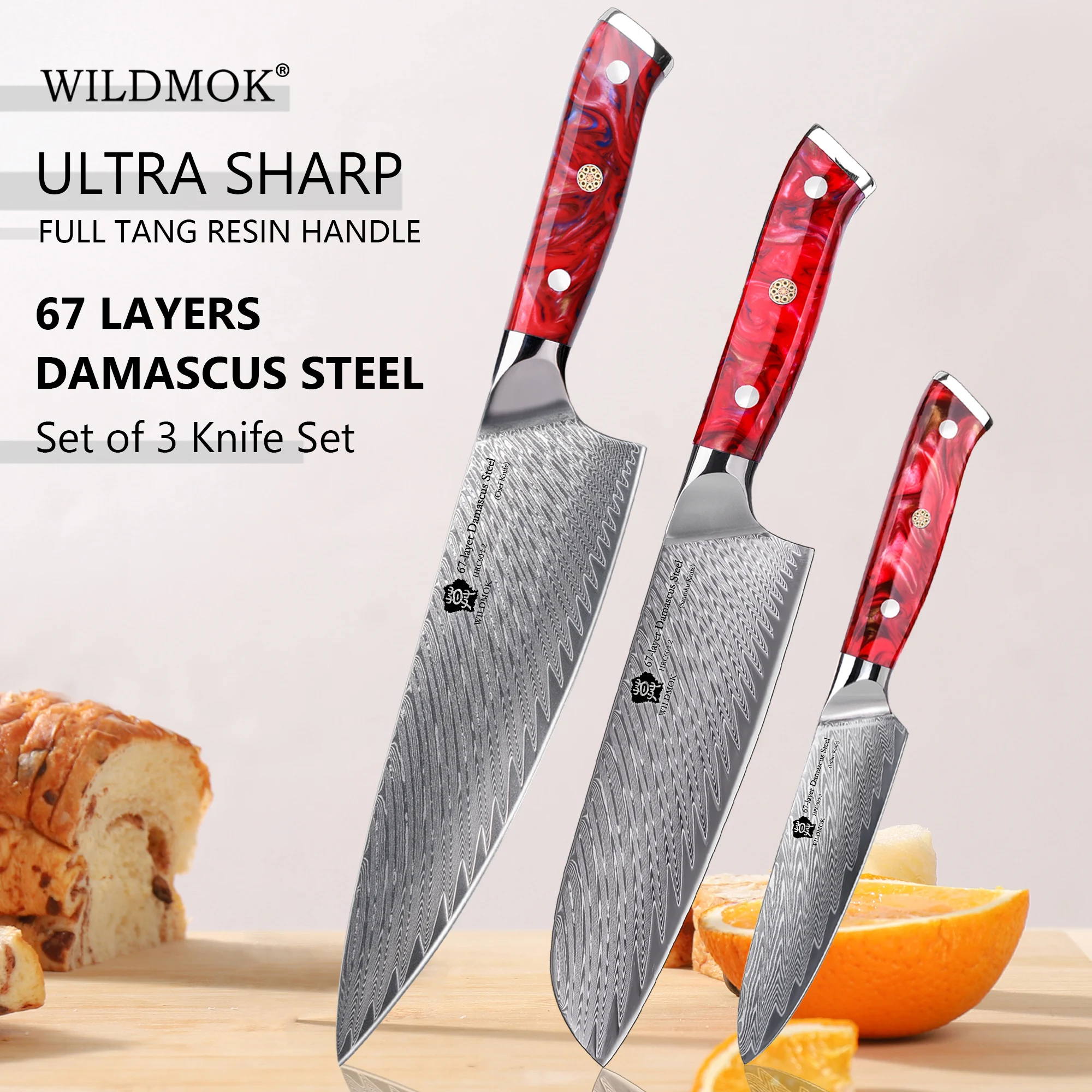 WILDMOK 67 Layer Damascus VG10 Steel Kitchen Knife Set 3 PCS, Kitchen Knives Made of Japanese Damascus Steel,  with Resin Handle