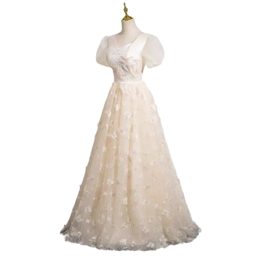 Champagne evening dress 2025 new style banquet temperament light luxury high-end host vocal art exam performance costume