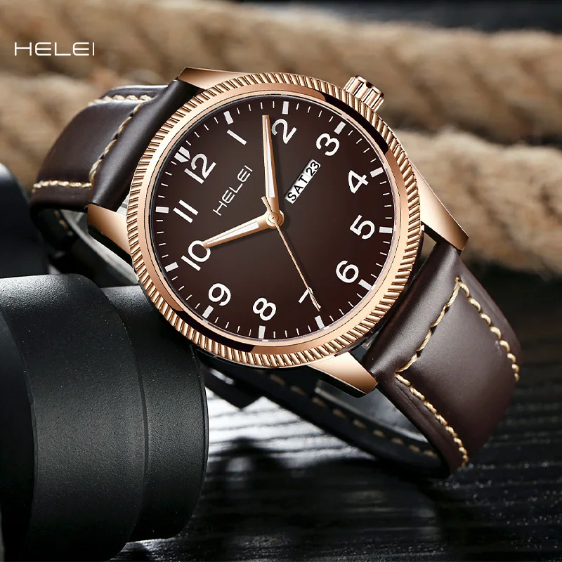 HELEI premium leather strap casual watch, fashionable dual calendar men's watch, business casual waterproof watch