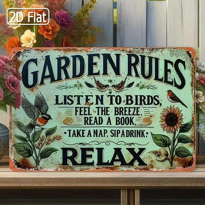 Panneau en étain 2D plat, style vintage, avec règles de jardin et citation relaxante, orné d'oiseaux, de tournesols et de papillons, décoration murale en métal durable