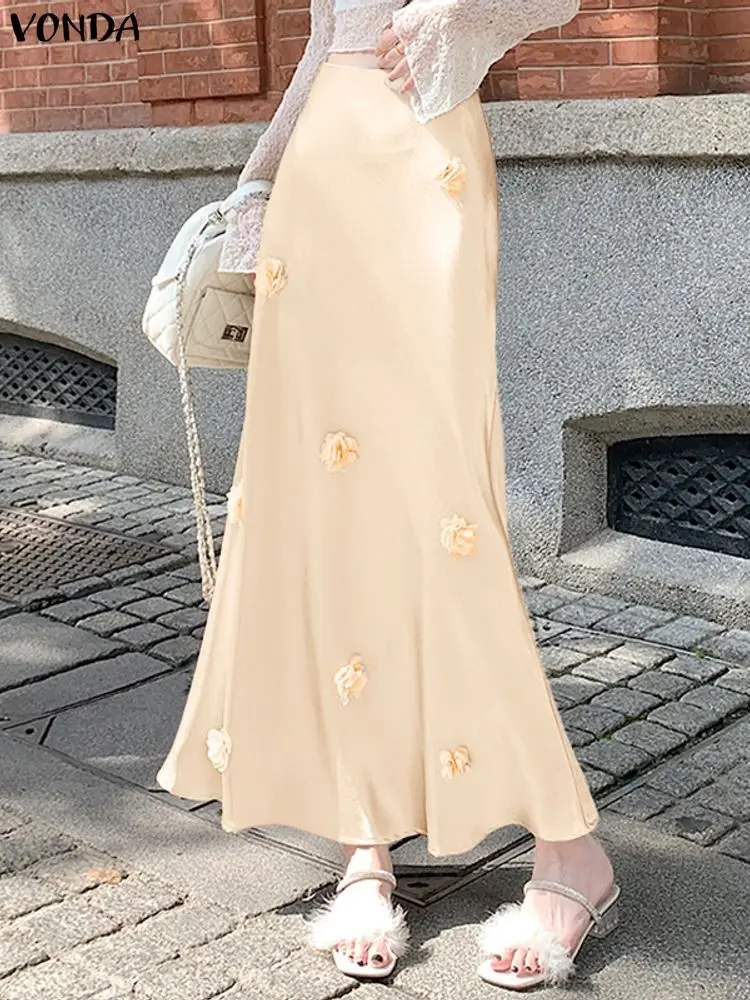 

VONDA Fashion Satin Silk Skirts Women Long Maxi Bottoms Casual Office 3D Flower Elegant Party Jupes Faldas Saia Solid Skirts