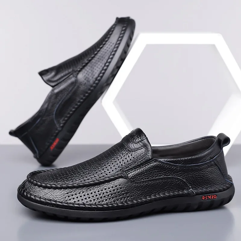 

Mens Hollow Out Leather Shoes High Quality Cowhide Casual Shoe Breathable Business Shoes for Men Slip-On Driving Shoes Moccasins