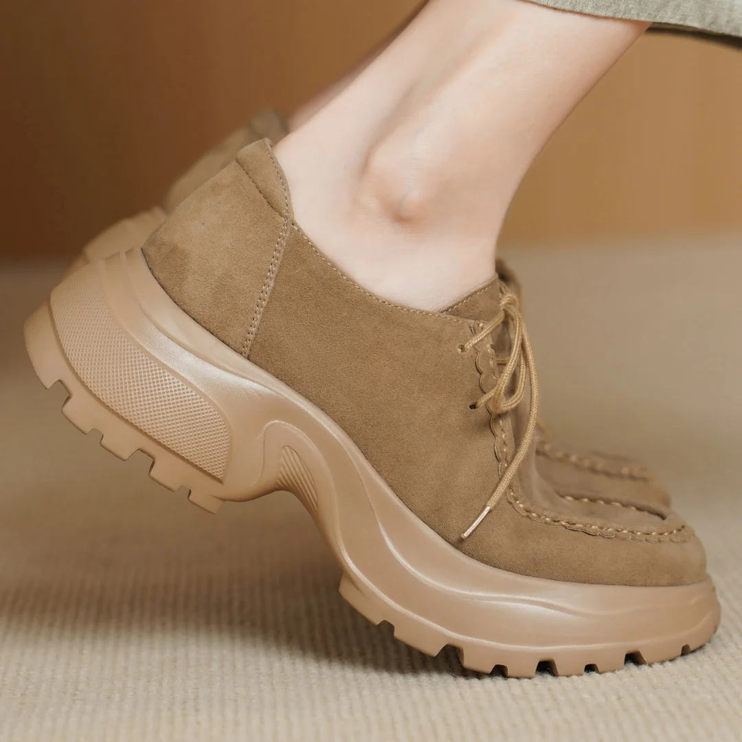 

danxuefei women's natural suede leather round toe lace-up thick sole platform flats sneakers casual female daily walk shoes sale