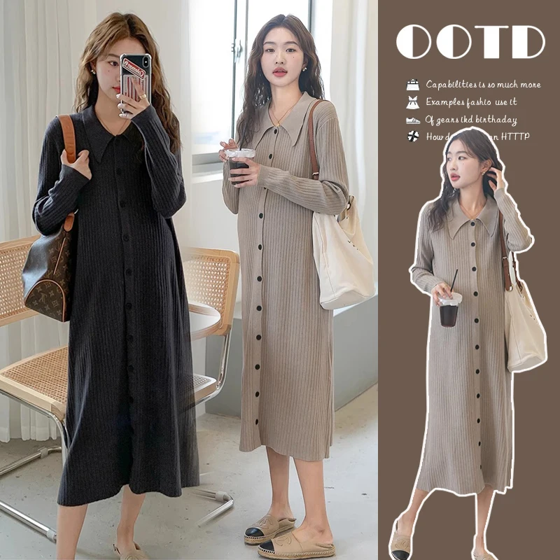 Autumn Pregnant Woman Knit Dress Long Sleeve Turn-down Collar Single-breasted Maternity Straight Dress Pregnancy Pleated Dresses